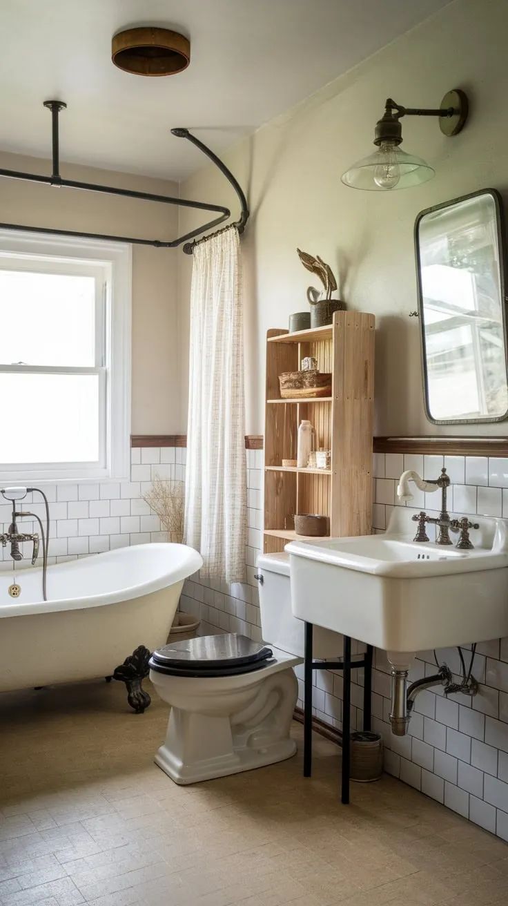 A white farmhouse bathroom blends vintage elegance with contemporary simplicity, creating a serene and stylish space.