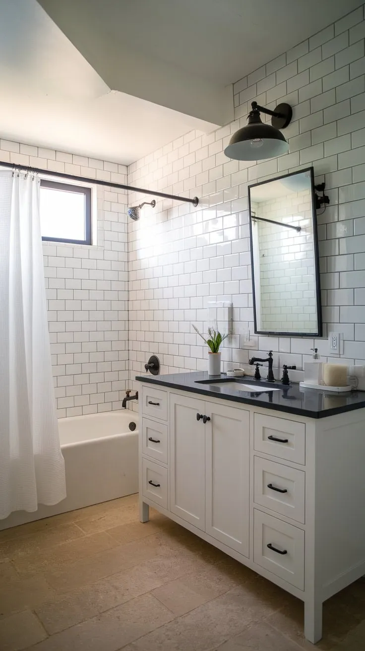 A modern farmhouse bathroom boasts a chic black and white color scheme, highlighted by a black sink and light fixture against white subway tile and beige flooring.