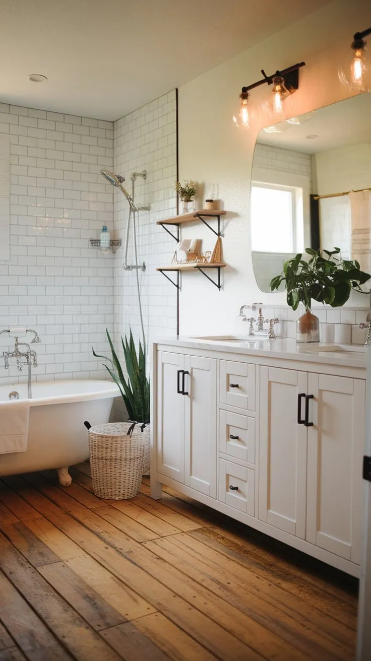 Warm lighting illuminates a modern farmhouse bathroom featuring a white soaking tub, double vanity, and wood-plank floors, creating a serene and stylish space.