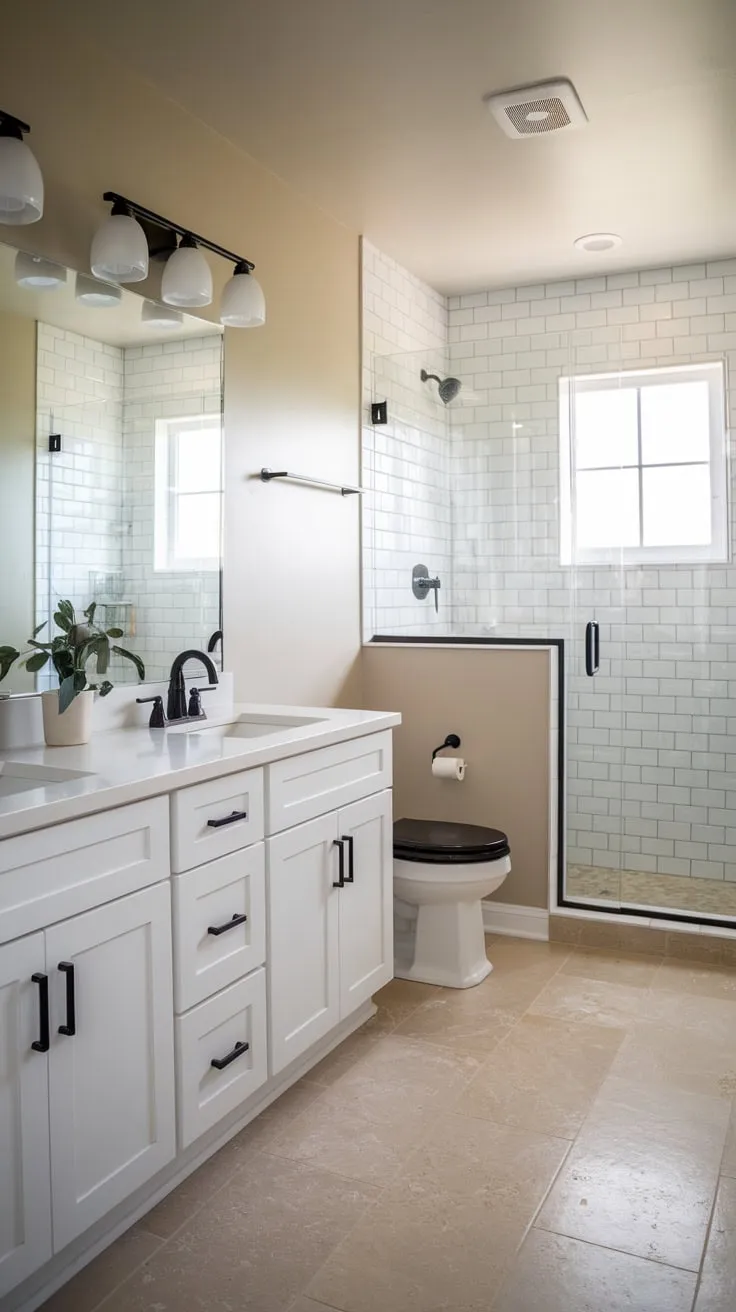 A serene master bathroom remodel showcases modern farmhouse style with a white vanity, black fixtures, and beige tile flooring.