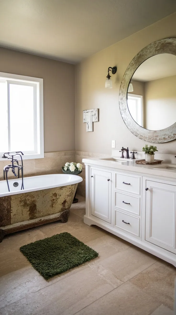 Modern farmhouse charm fills a beige-walled bathroom featuring a white tub, double vanity, and large circular mirror.