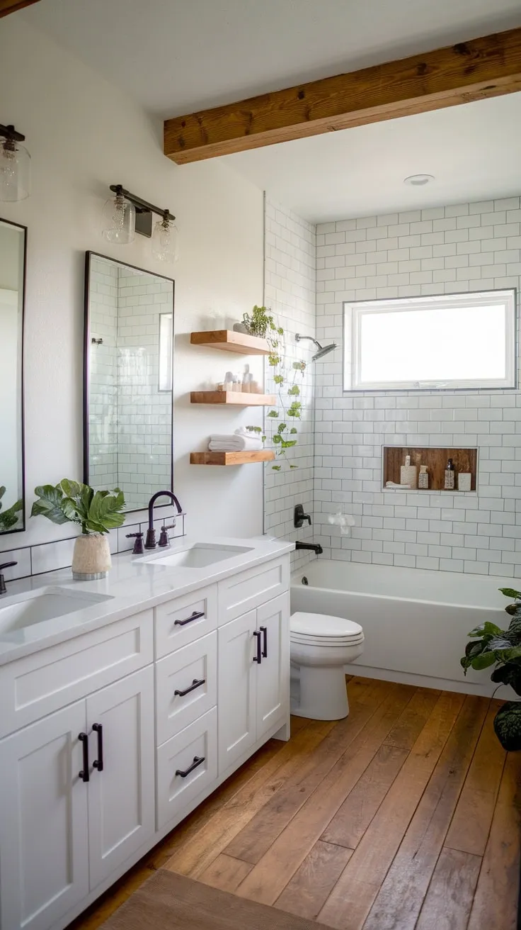A white farmhouse bathroom boasts dual sinks, a soaking tub, and charming wood details for a tranquil retreat.