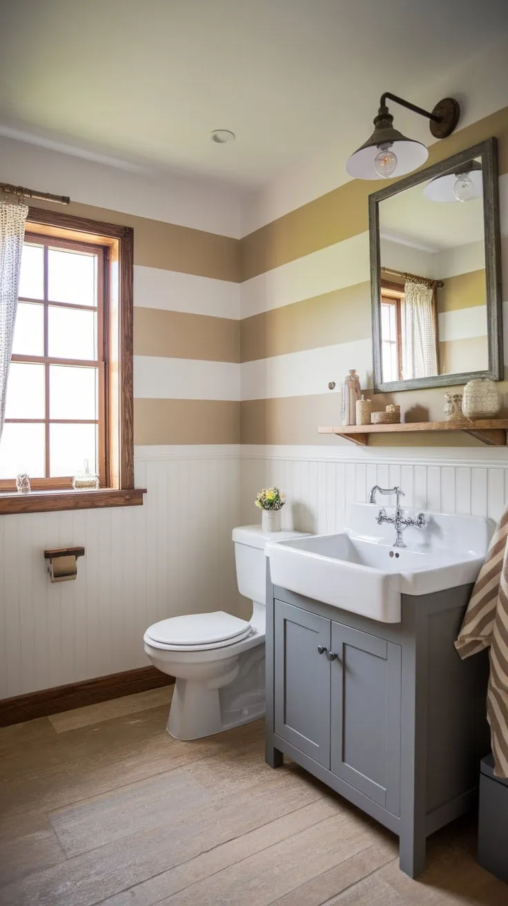 Beige and white stripes, a grey cabinet, and a wooden shelf accentuate the modern farmhouse charm of this bathroom.