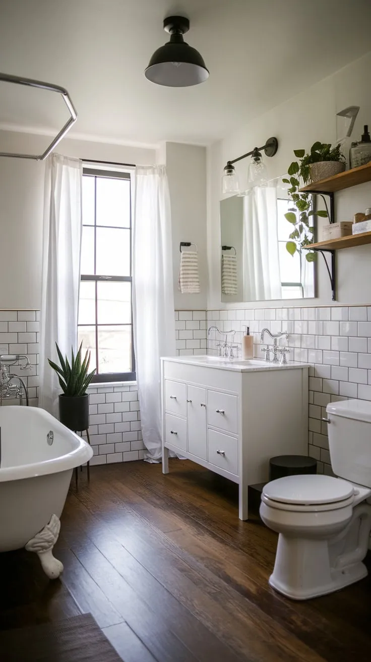 Modern farmhouse charm fills a bright bathroom with a clawfoot tub, double vanity, and dark wood floors.