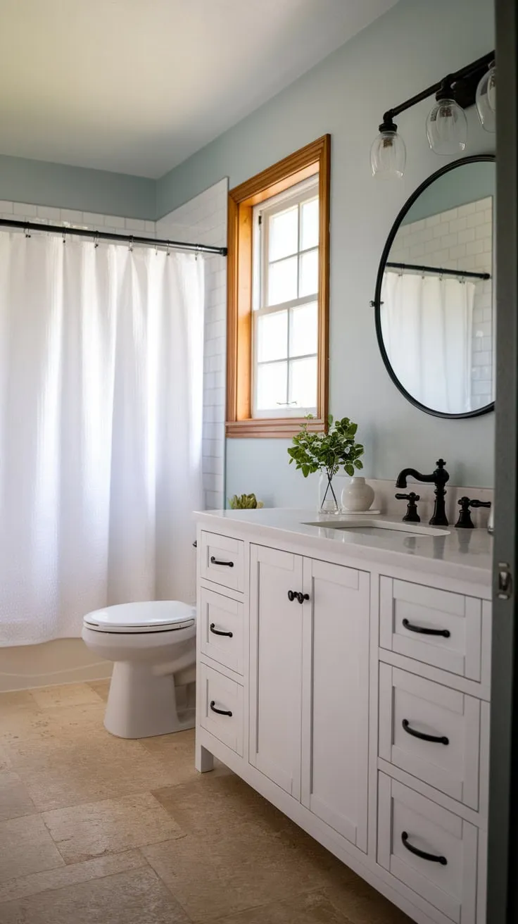 A serene light blue farmhouse bathroom boasts a white vanity, black fixtures, and beige tile flooring, accented by a window with wooden frames and a touch of greenery.