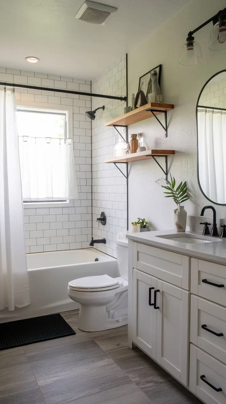 A white farmhouse bathroom boasts a chic contrast of black fixtures and wooden shelving against a backdrop of grey tile.