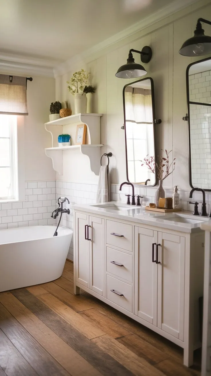 Cozy and inviting, a modern farmhouse bathroom boasts a double vanity, wood floors, and a freestanding tub.