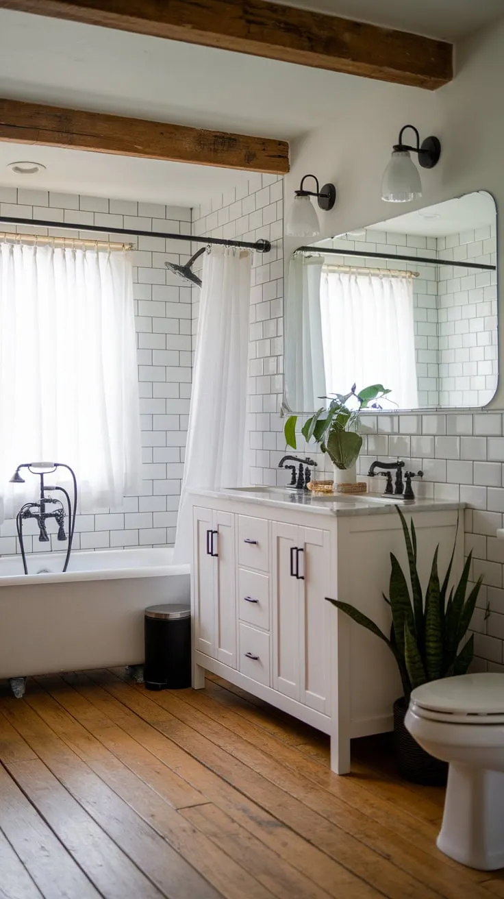 Clean lines and dark accents define this modern farmhouse bathroom, its white fixtures contrasting beautifully with wood-beam floors.