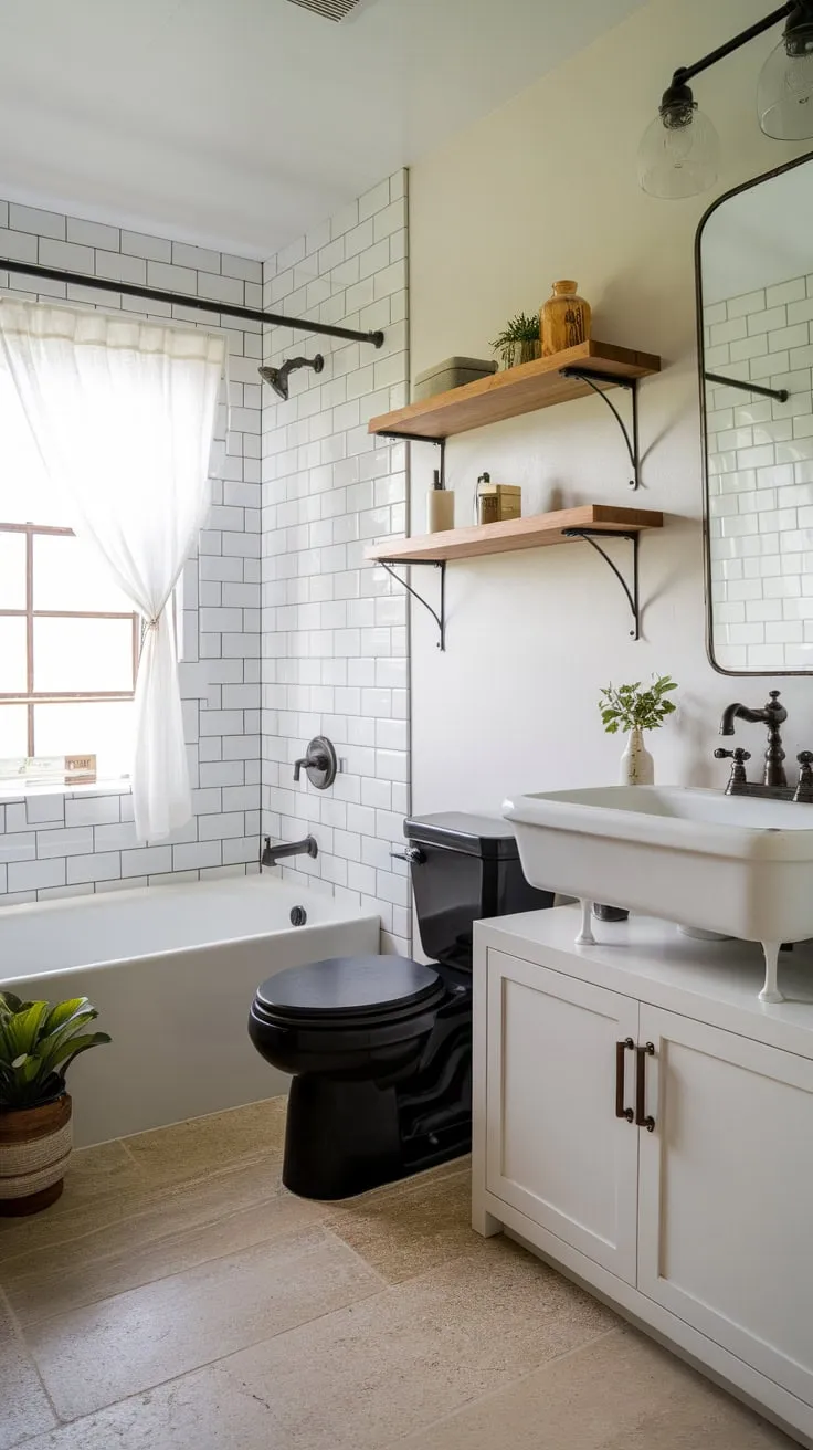 Clean lines and warm wood accents define this modern farmhouse bathroom, featuring a white soaking tub and stylish bronze fixtures.