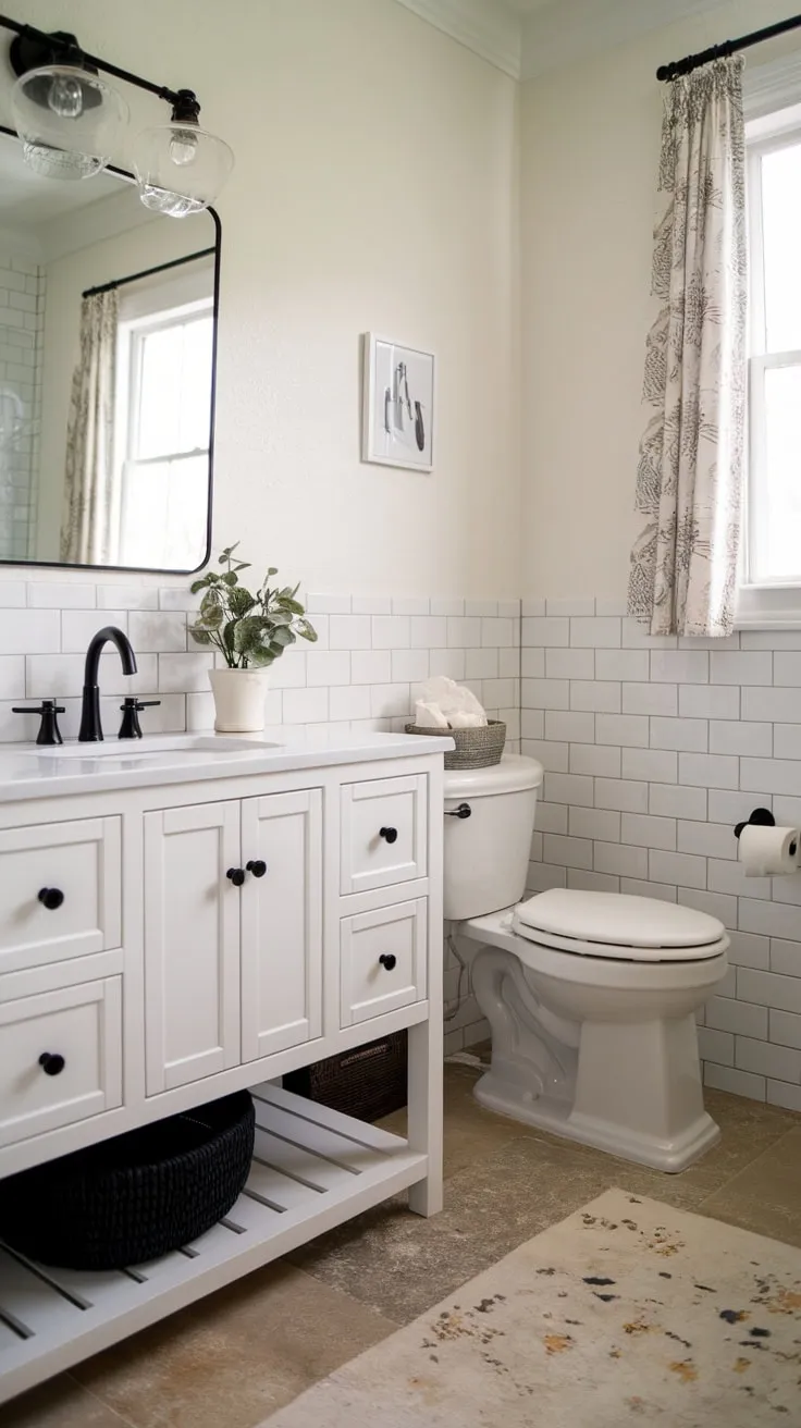 Clean lines and a black-and-white palette define this modern farmhouse bathroom's stylish simplicity
