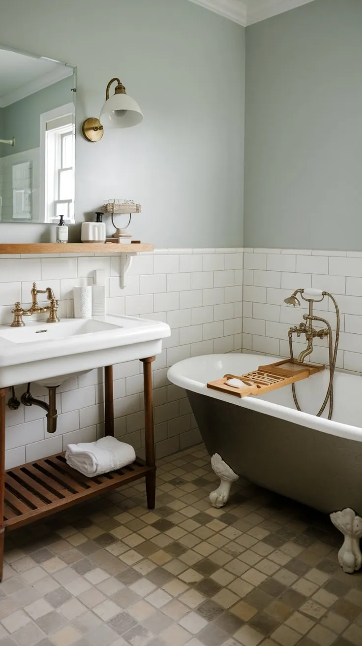 A serene farmhouse bathroom boasts a clawfoot tub, white sink, and tasteful wooden shelving against a backdrop of light blue walls and patterned tile.