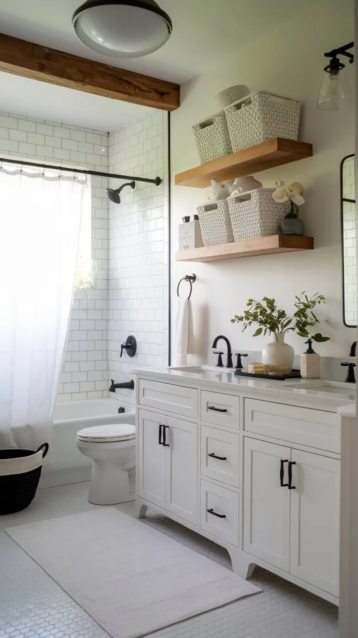 Clean lines and dark accents define this modern farmhouse bathroom's stylish simplicity.