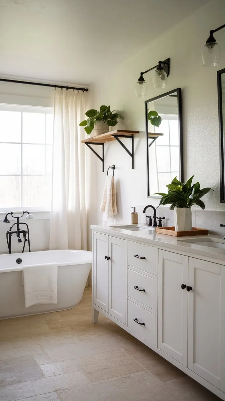 Natural light floods a serene modern farmhouse bathroom featuring a white soaking tub and double vanity with black accents.
