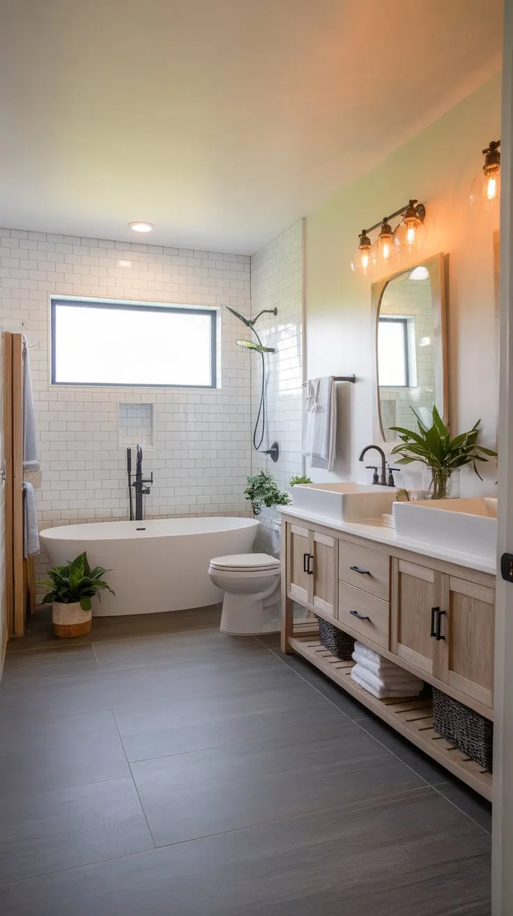 Warm lighting highlights a serene modern farmhouse bathroom featuring a white tub, double vanity, and grey flooring, accented by wood and greenery.