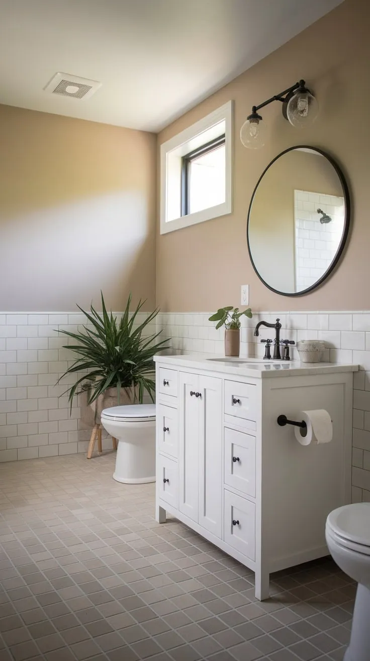 Modern farmhouse charm fills a beige-walled bathroom, featuring a white vanity, black faucet, and a touch of greenery.