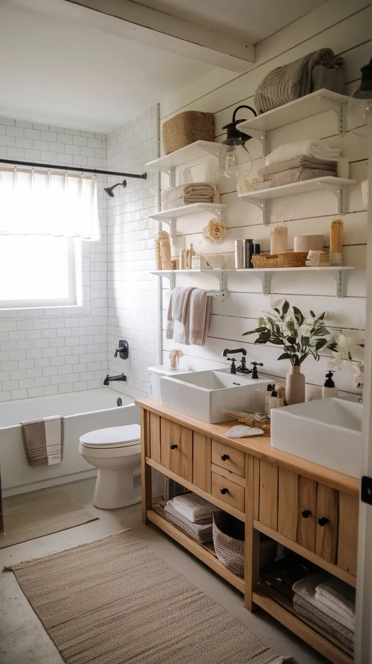 A white farmhouse bathroom boasts a wooden vanity, ample shelving, and a cozy beige rug, creating a space of relaxed elegance.