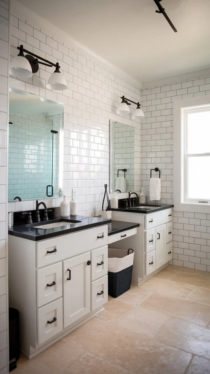 A sunlit modern farmhouse bathroom boasts a chic double vanity with black countertops and white subway tile walls.