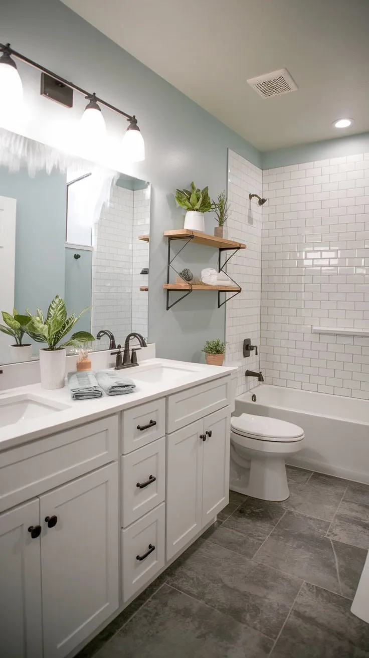 Serene light blue walls and gray tile flooring highlight a modern farmhouse bathroom's crisp white fixtures and charming potted plants