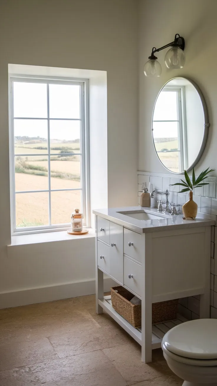 A white vanity and beige tiles create a tranquil space in this modern farmhouse bathroom overlooking idyllic countryside.