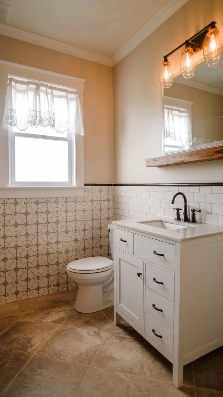 A charming farmhouse bathroom boasts a white vanity, beige tile floor, and decorative wall tiles bathed in warm, inviting light.