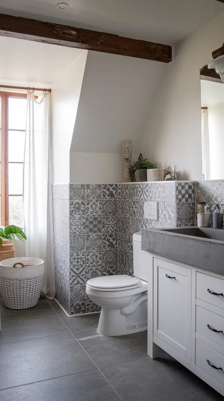 Clean lines and grey tones define this modern farmhouse bathroom, accented by patterned tile and a touch of greenery.