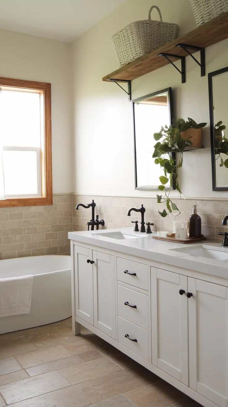 Clean lines and natural elements create a calming oasis in this stylish farmhouse bathroom.