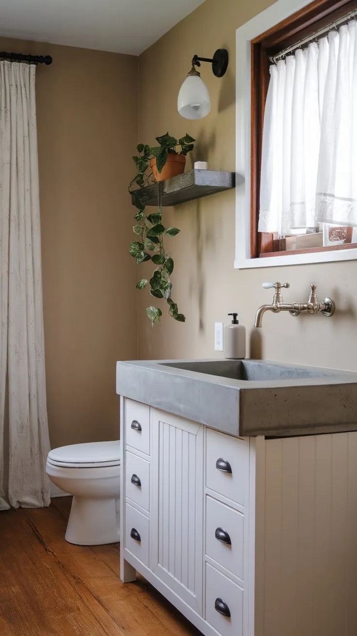 Modern farmhouse charm meets contemporary style in this beige-walled bathroom, featuring a white vanity, concrete countertop, and wood floors.