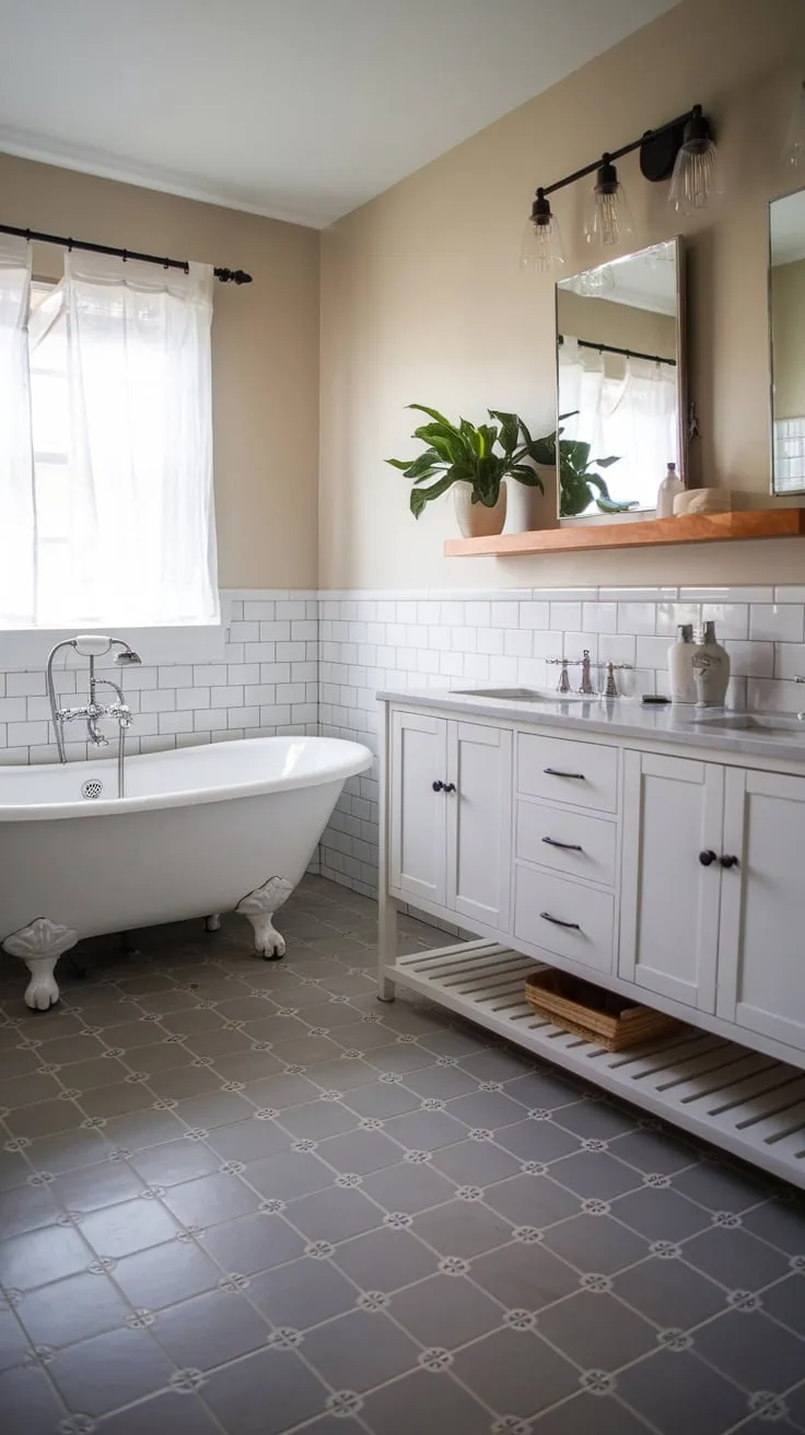 A serene modern farmhouse bathroom boasts a clawfoot tub, double vanity, and patterned tile floor, complemented by warm beige walls and a touch of greenery.