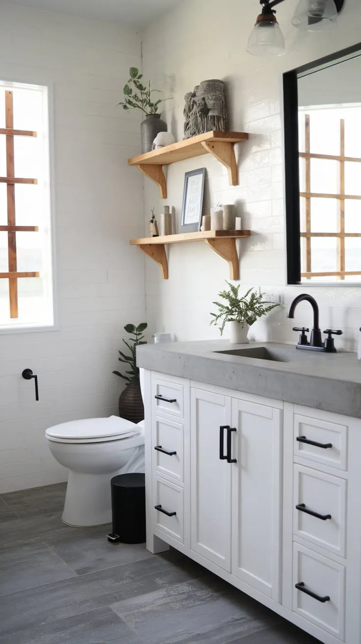 A gray-tiled floor and wooden details complement the sleek white vanity and black fixtures in this updated farmhouse bathroom.