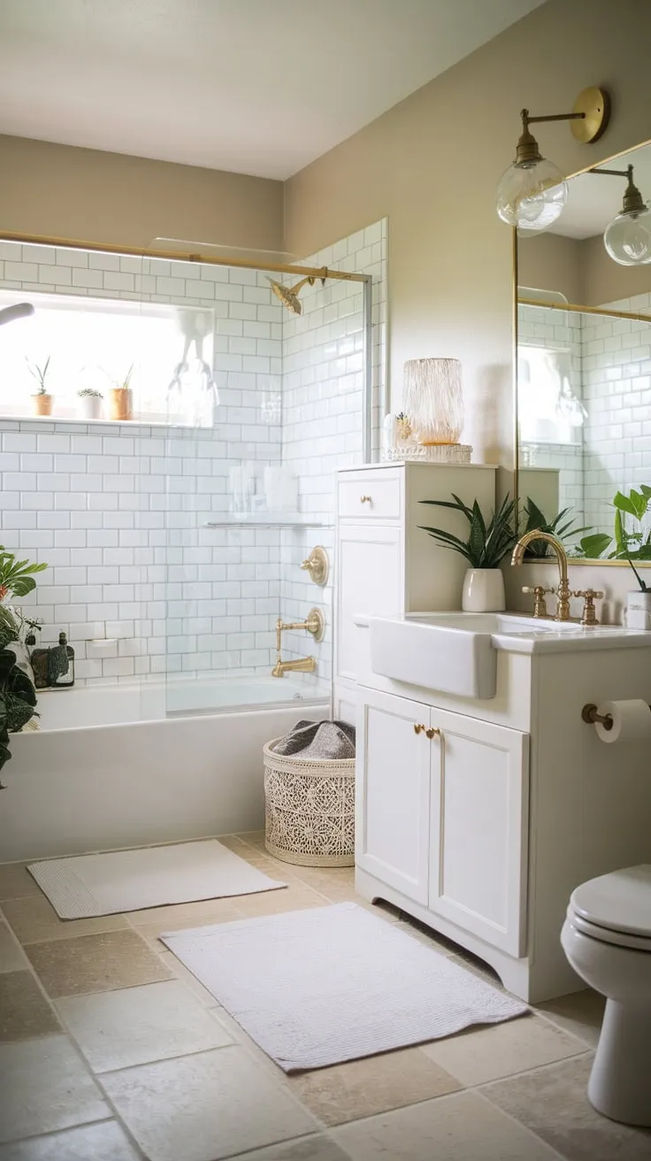 A serene modern farmhouse bathroom boasts a white tub, gold accents, and beige tile, creating a calming spa-like atmosphere