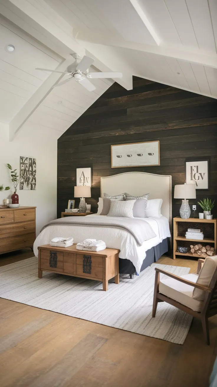 Light wood floors and a white ceiling fan complete the inviting farmhouse bedroom aesthetic.