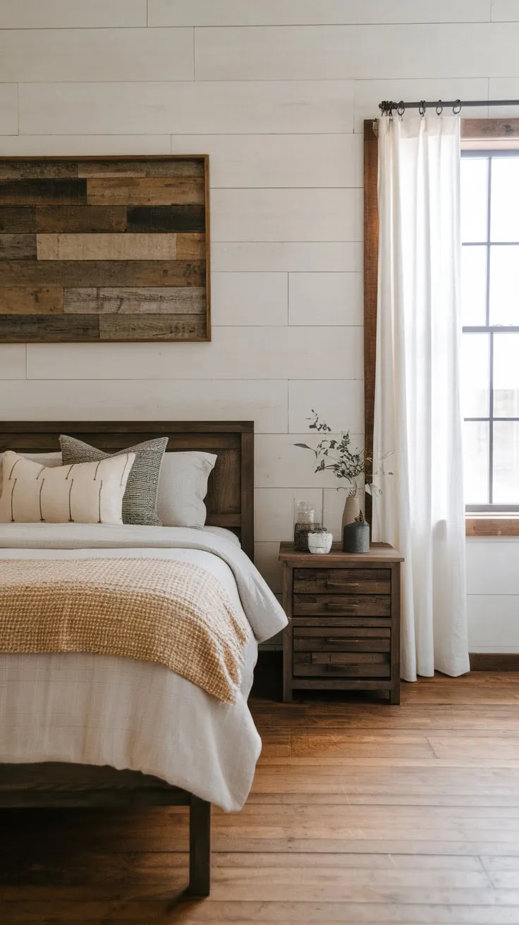 A queen-size bed, dark wood furniture, and a wood-paneled wall create a cozy modern farmhouse bedroom.