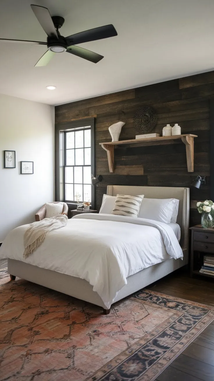 A modern farmhouse bedroom boasts a dark wood accent wall, a queen bed, and a large area rug creating a cozy yet stylish space.