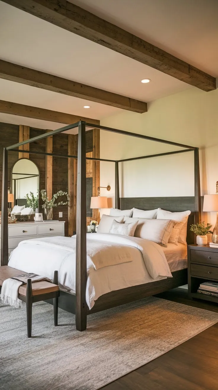 Warm lighting illuminates a cozy farmhouse bedroom featuring a dark wood four-poster bed, white accents, and charming wooden beams.