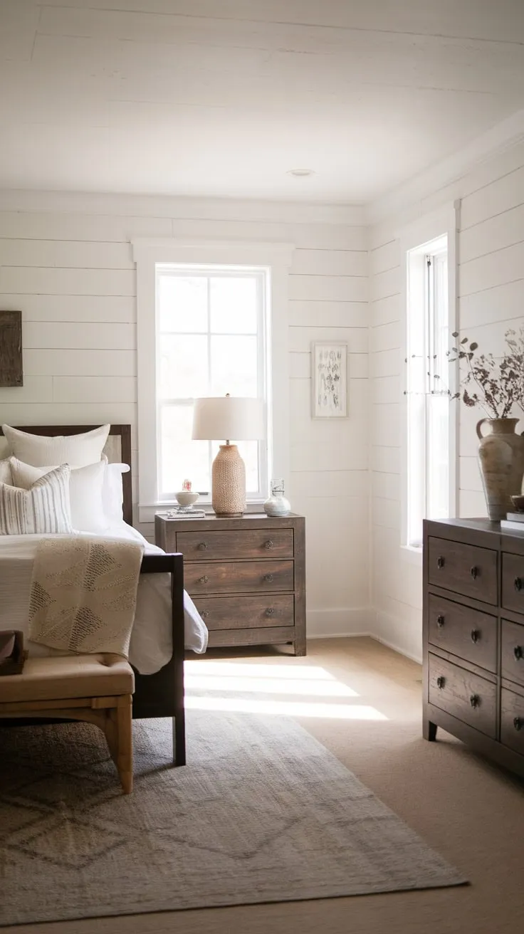 Sunlight streams into a bright white farmhouse bedroom featuring dark wood furniture and tasteful modern accents.