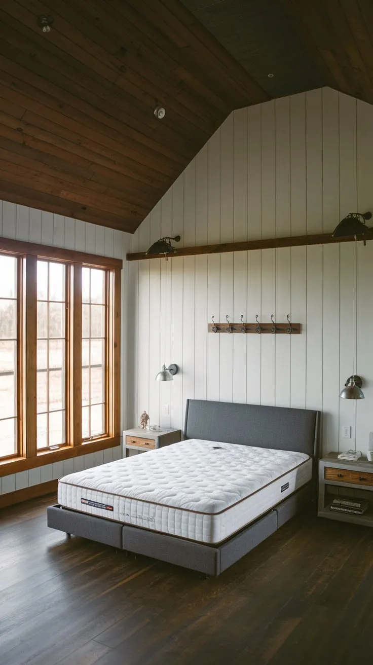 Natural light floods a charming farmhouse bedroom with dark wood accents and a modern queen-size bed.