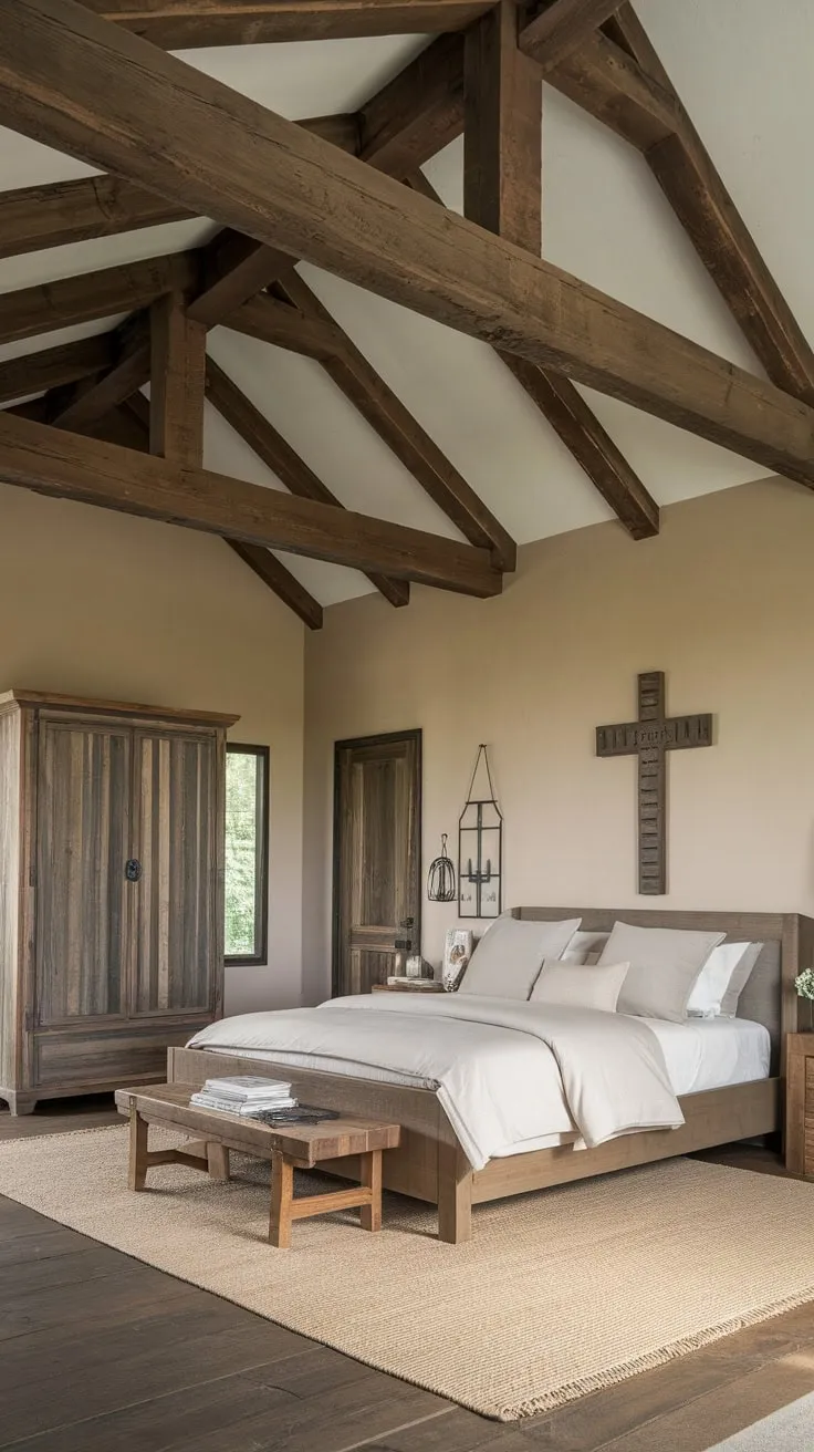 A calming farmhouse bedroom features a dark wood ceiling, large wooden bed, and subtle beige accents creating a modern, inviting space.