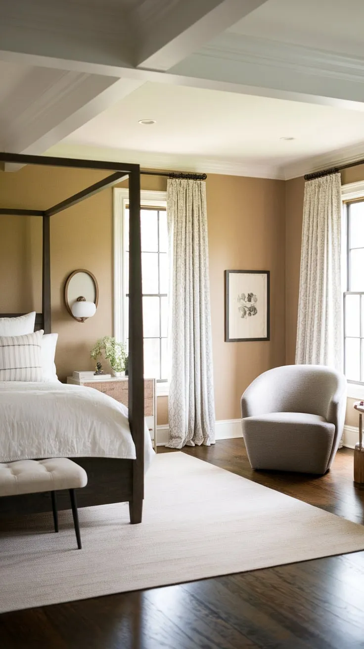 A dark wood bed and crisp white bedding create a modern farmhouse bedroom retreat.