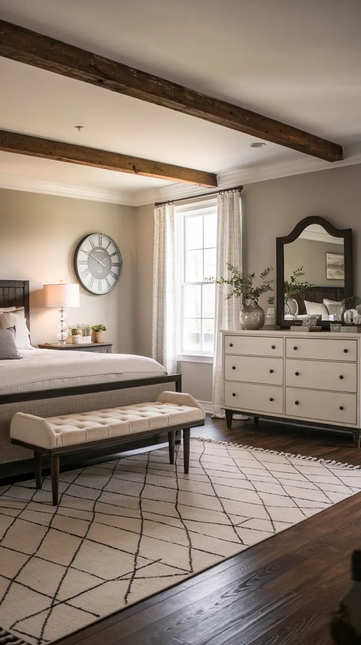A king-size bed and dark wood furniture create a cozy yet stylish modern farmhouse bedroom with a geometric rug and light gray walls.