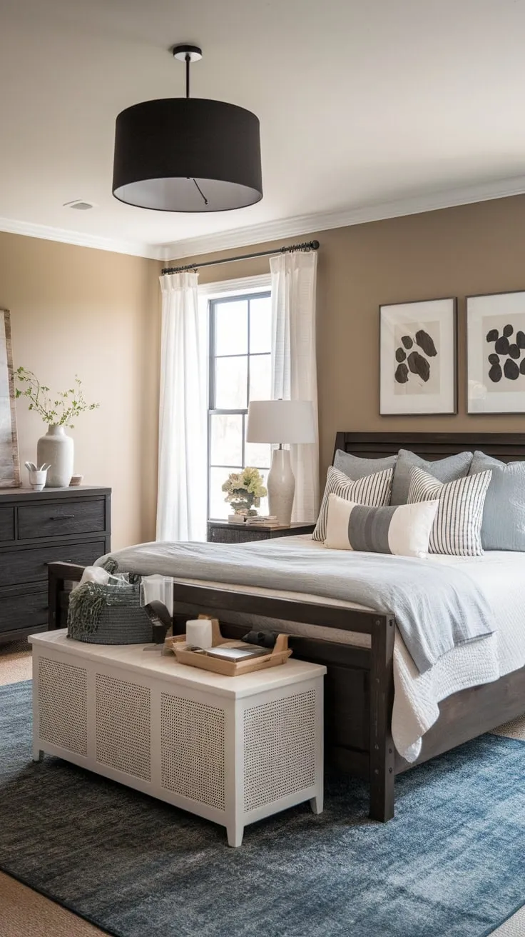 This modern farmhouse guest room features a dark wood bed frame and dresser, complemented by white furnishings and beige walls for a tranquil atmosphere.
