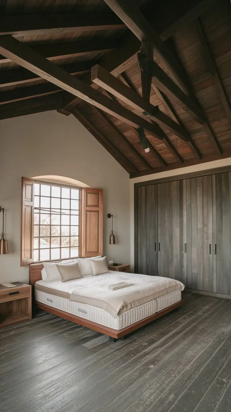 A king-size bed anchors a modern farmhouse master bedroom, its dark wood ceiling and beams complementing the gray-brown wood floors and large window with wooden shutters.