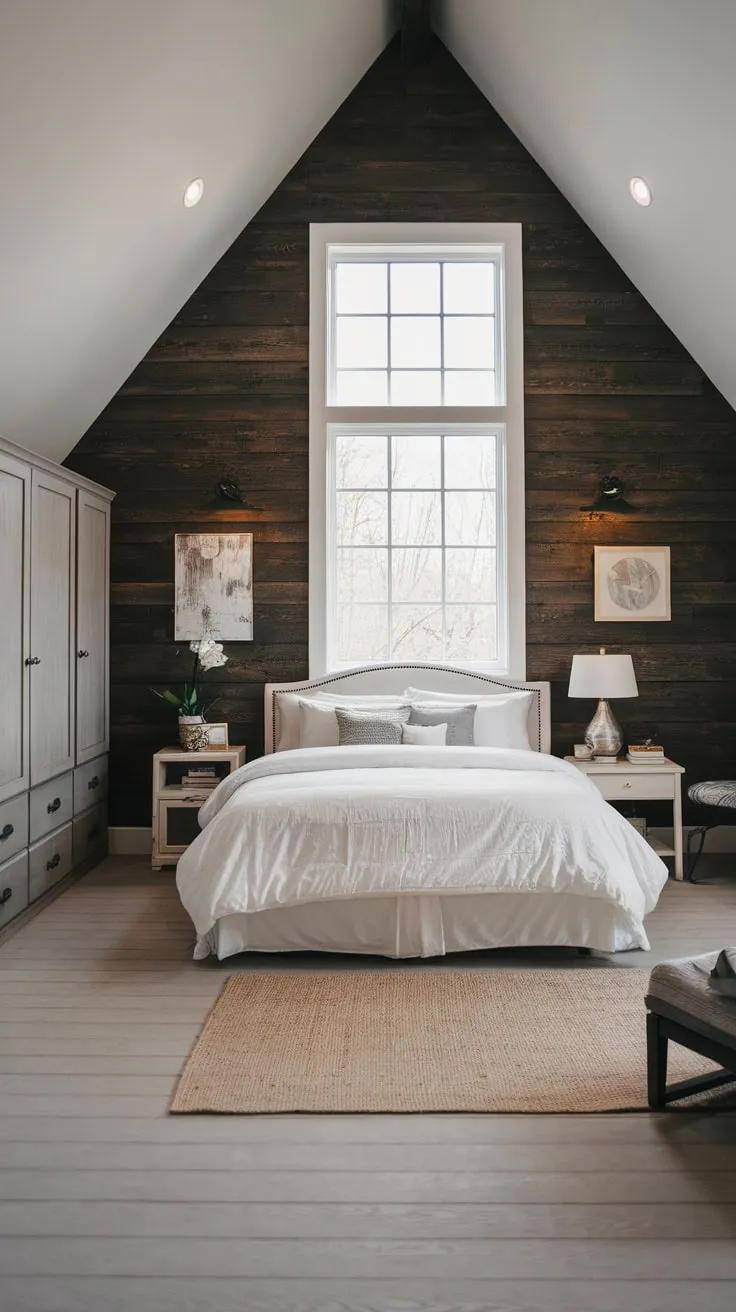 A queen-sized bed and stylish furnishings create a serene modern farmhouse retreat bathed in natural light.