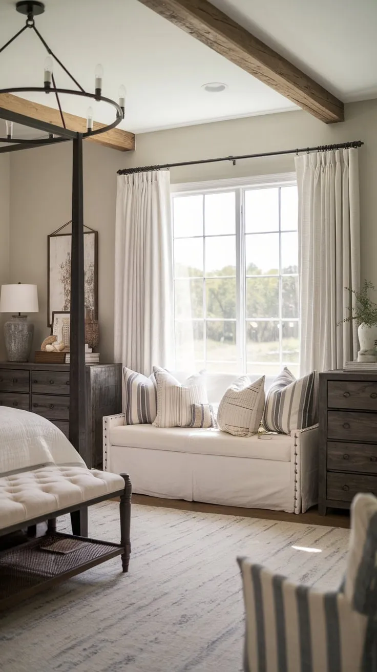 A dark wood bedroom set anchors a bright, inviting farmhouse bedroom with a comfortable seating area.