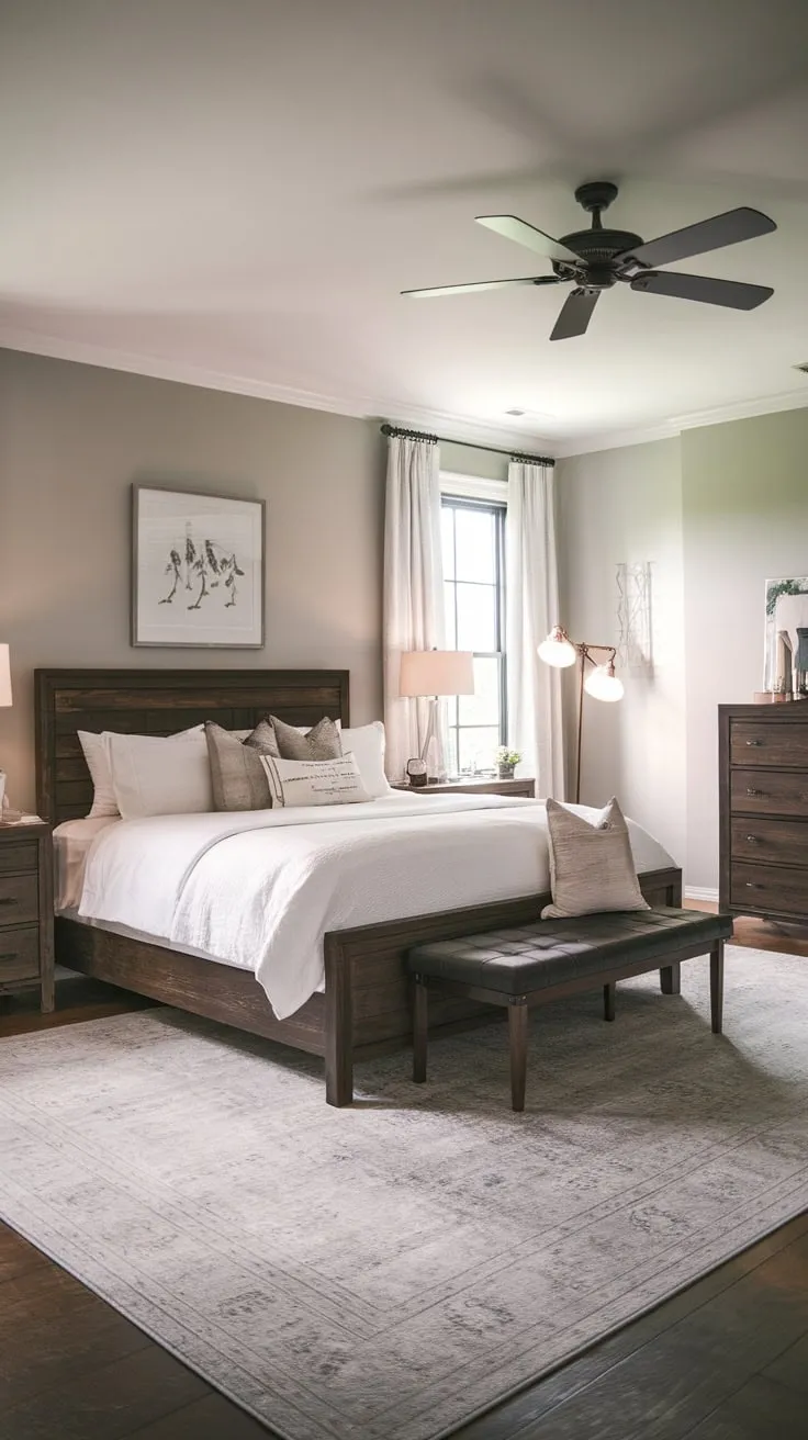 A calming gray farmhouse master bedroom features a dark wood bedroom set, soft white bedding, and warm lighting.