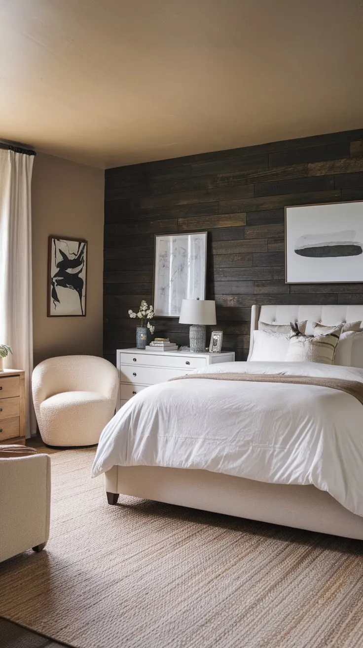 A queen bed, beige chair, and tasteful artwork create a serene modern farmhouse bedroom retreat.