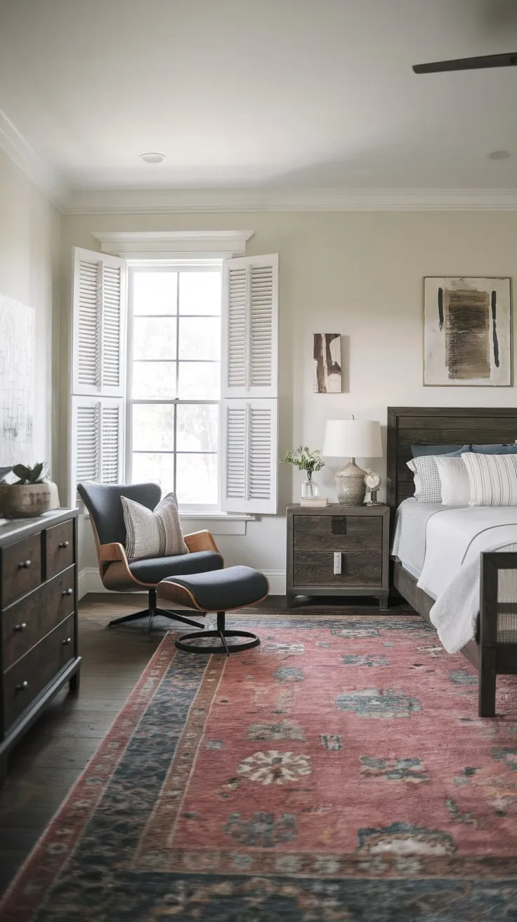 A modern farmhouse master bedroom boasts a dark wood queen bed, plush rug, and comfortable reading nook, all complemented by artwork and white shutters.