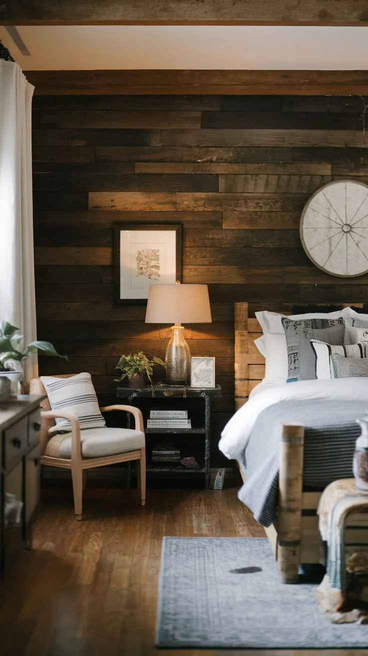 Warmth and coziness fill a modern farmhouse bedroom featuring a dark wood accent wall, handcrafted bed, and inviting personal touches.