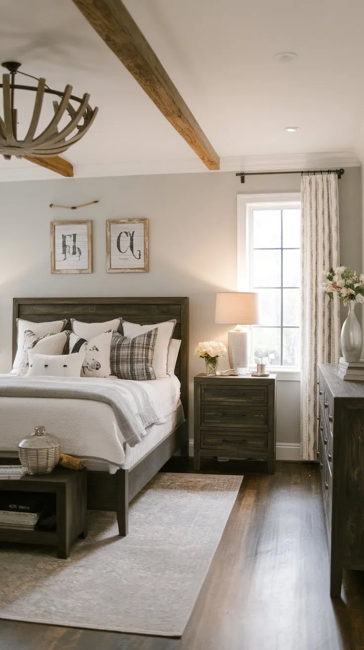 A light gray farmhouse bedroom features a dark wood bedroom set and a large wood light fixture, creating a modern yet cozy atmosphere.