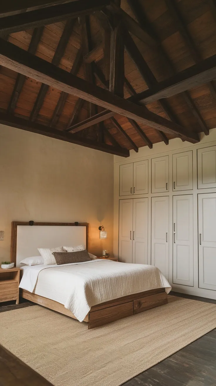 Warm lighting illuminates a cozy farmhouse bedroom featuring a queen bed, dark wood accents, and a modern aesthetic.
