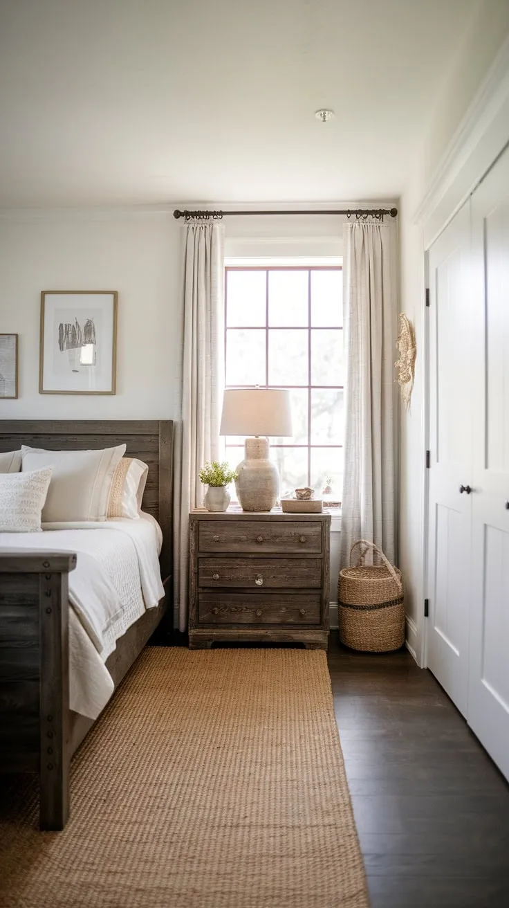 A bright white farmhouse bedroom features dark wood furniture and a woven rug, creating a charming modern space.